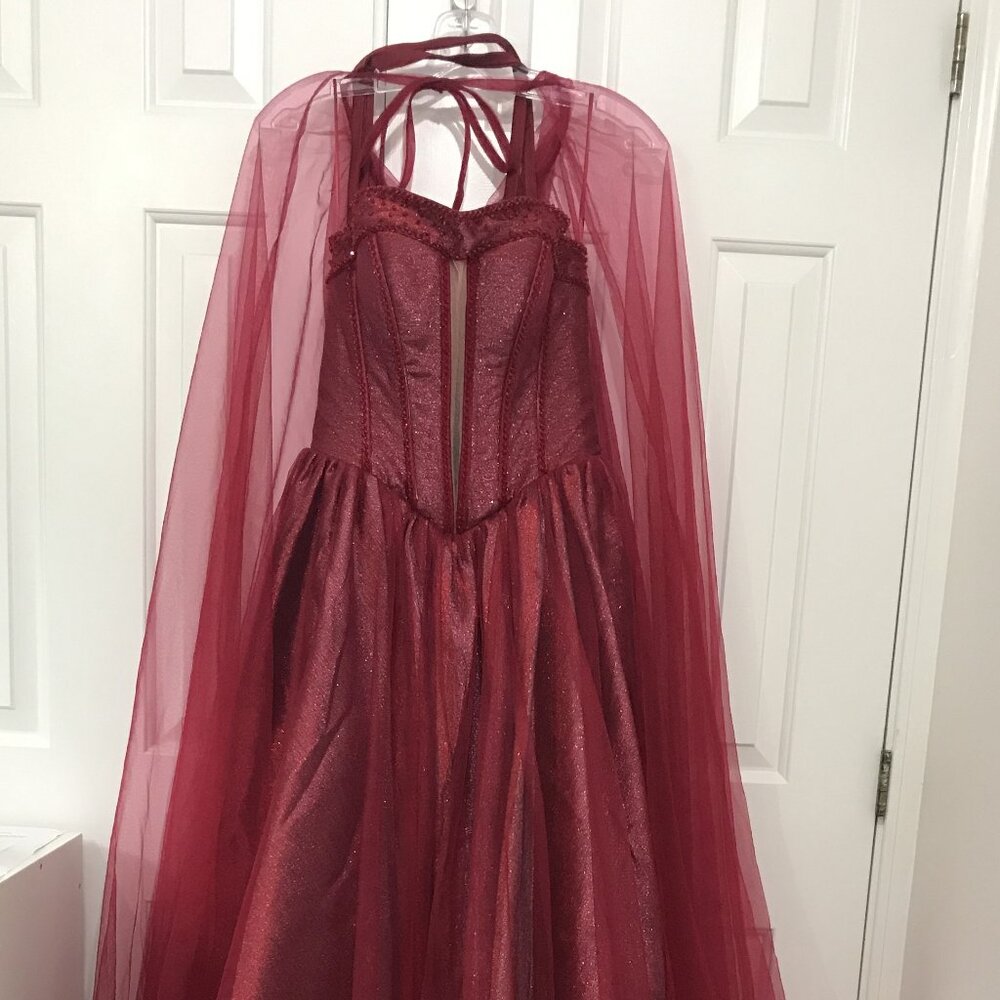 Beaded Red Prom Evening Dress with Hooded Cape NWOT - Picture 2 of 7